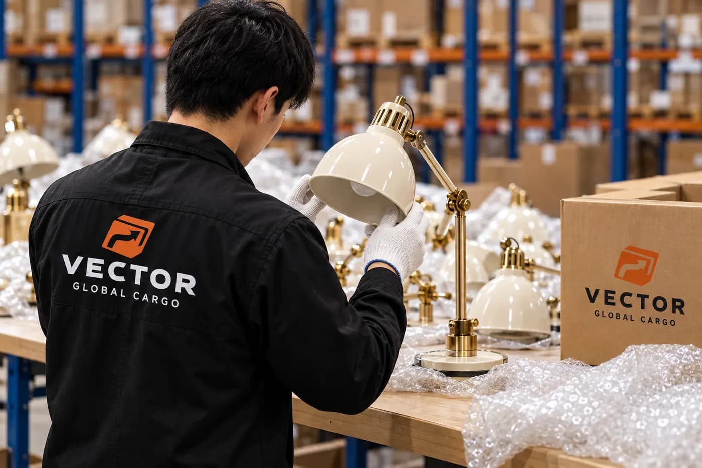 A Vector warehouse worker inspecting a desk lamp